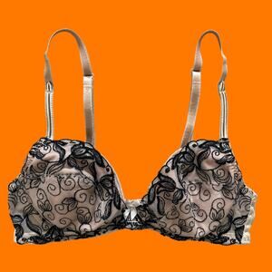 90's 00's vintage beige gold satin black floral lace mesh overlay y2k bra SMALL